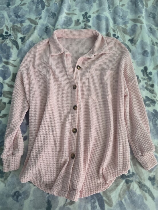 Tops - Light Pink Waffle Knit Button-Up Shirt